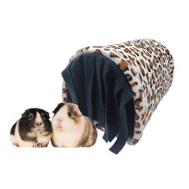 Leopard Print Small Animal Hideout - Tunnel and Tube Cage Hideout House for Guinea Pigs, Hamsters, Rats - with Reversible Seasonal Mat (Brown)