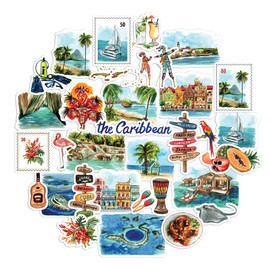 Navy Peony Caribbean Paradise Travel Stickers (31pcs) - Watercolor, Waterproof Tropical Cruise Decals for Journals, Scrapbooks, Water Bottle, Suitcase