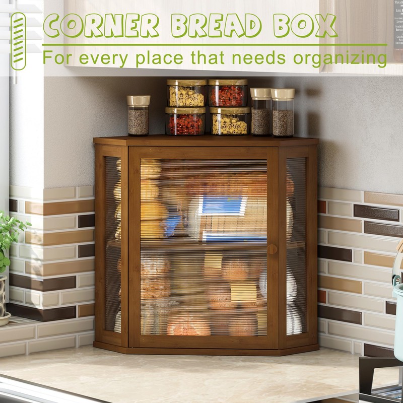 BMOSU Corner Bread Box for Kitchen Countertop Double Layer Bamboo