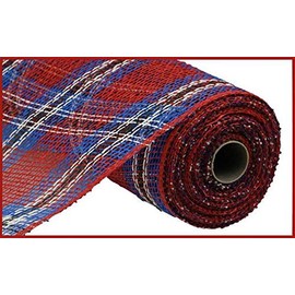 Plaid Poly Burlap Mesh, July 4 and Independence Day Red White Blue Plaid Stripe 10 Inches x 10 Yards