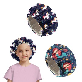 Deokke 2 PCS Kids Bonnets for Girls Boys Satin Silk Bonnet Adjustable Double Layer Child Night Sleeping Cap Cute-Mermaid