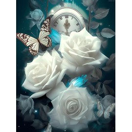 MOER SKY Fantasy White Roses and Clock 5D Diamond Painting for Adults, DIY Rose Diamond Art Kits for Adults Paint by Number Kits Crafts for Adults for Home Wall Art Bedroom Decor Gifts 30x40cm