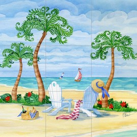 Ceramic Backsplash Tile Mural Beach Scene Seaside Ocean Kitchen/Bathroom/Shower - Whimsy Bay Adirondack Chairs - Paul Brent