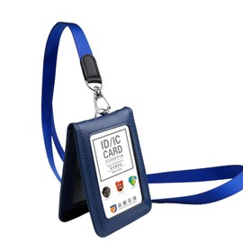 Porta Gafete con Cordón,Tarjetero de Cuero Genuino,Soporte para Tarjetas de Identificación con Ventana Vertical Transparentepara el Cuello para Oficina, Negocios, Trabajo (Azul)