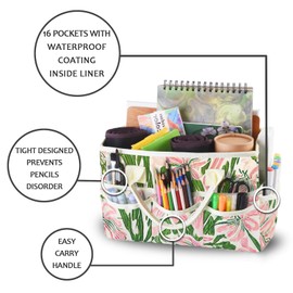 qianshan Craft Organizer Tote Bag with Multiple Pockets, Large Art Storage Caddy with Handles for Art, Craft, Sewing, Make-up，Scrapbooking, Medical, and Office Supplies Storage.Green Pink Printing