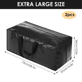 Extra Large Storage Bag, Pack of 2 100L Moving Bags with Zip, Waterproof Moving Bags with Zip Handle, Carry Bag, Alternatives to Moving Boxes, 73 x 37 x 34 cm (Black)