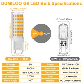 DUMILOO G9 LED Bulb 6W,60W Halogen Equivalent,2700K Warm White,High Brightness 600LM, AC120V T4 G9 Bulbs with Long Lifespan for Chandeliers Home Lighting,G9 Bi-Pin Ceramic Base,Non-Dimmable,6 Pack