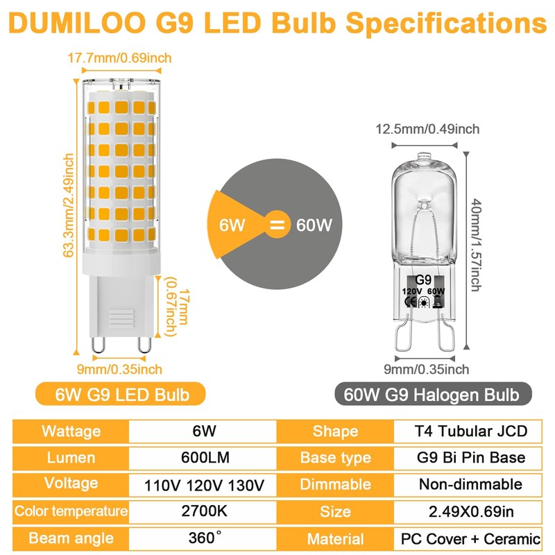 DUMILOO G9 LED Bulb 6W,60W Halogen Equivalent,2700K Warm White,High Brightness