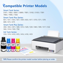 Ksuellpwr 31 32XL Ink Bottle Set Refill 4 Pack Replacement for HP 31 Ink Bottle Set & 32XL Black Ink Bottle for Smart Tank 5000 7602 6001 5101 5103 7301 5102 Plus 651 551 Ink Refill (Black, CMY)