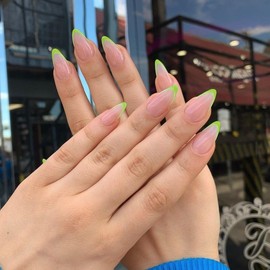 Green French Tip Press on Nails Short Almond Nails Press ons French Tip Glue on Nails for Women DIY Acrylic french nails Short Gel Nails, Natural Thick Extra Short French Fake Nails 30Pcs 15 Sizes