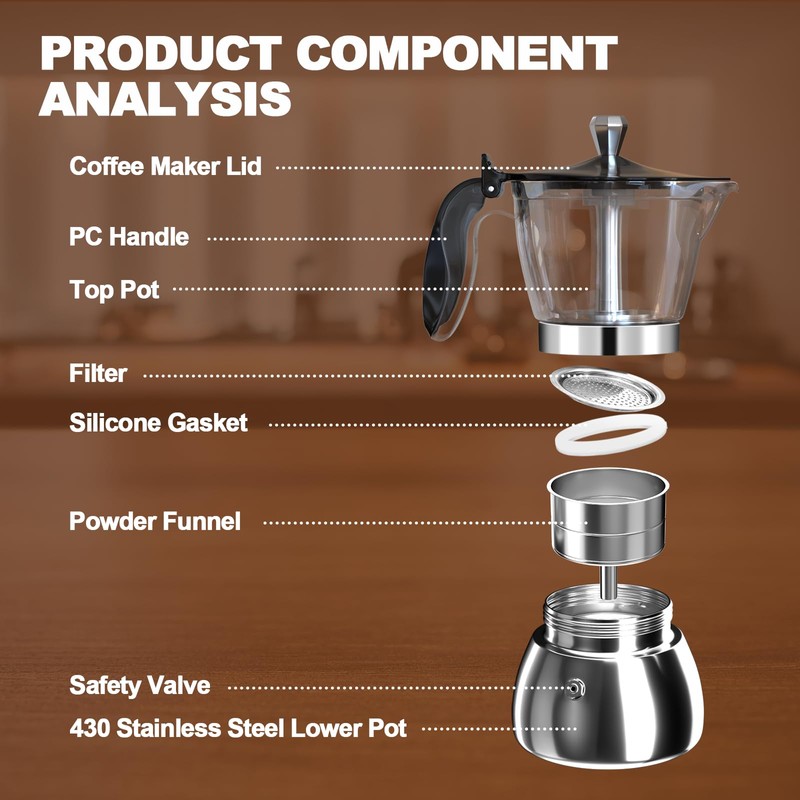 DITOSH 430 Stainless Steel Base Stovetop Espresso Maker Transparent Moka