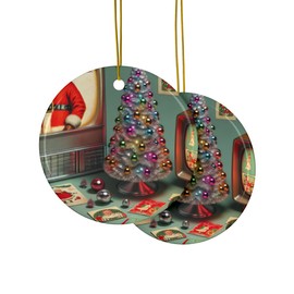 DistinctInk Hanging Ceramic Christmas Tree Ornament with Gold String - Great Gift/Present - 2 3/4 inch Diameter - Vintage Mid-Century Xmas