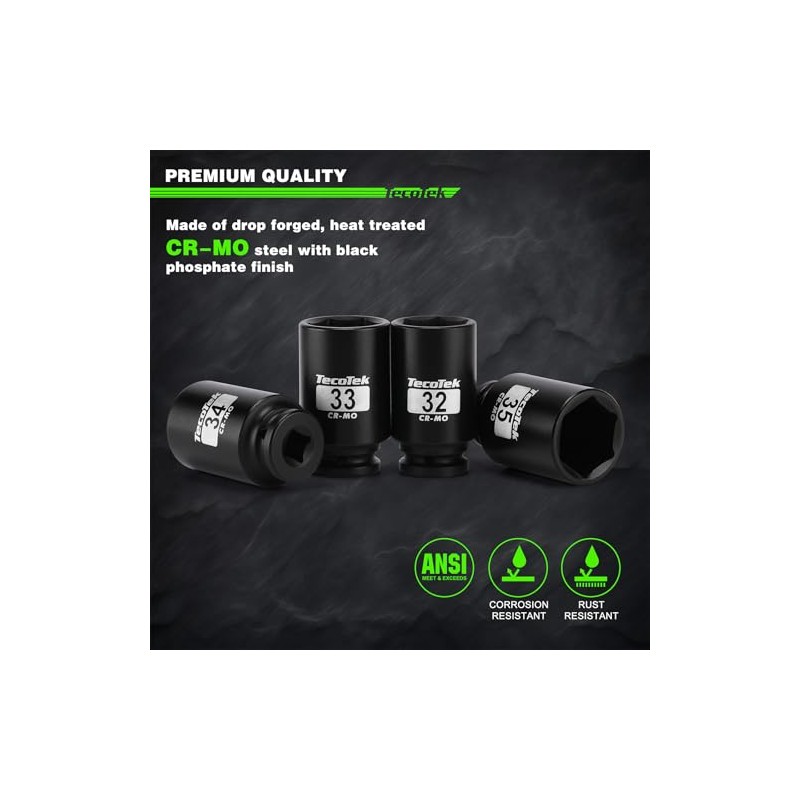 TecoTek 1/2" Drive Deep 6-Point Impact Socket Set, 11-Piece Deep