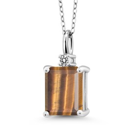 Gem Stone King 925 Silver Brown Tiger Eye and Diamond Pendant Necklace For Women (3.03 Cttw,