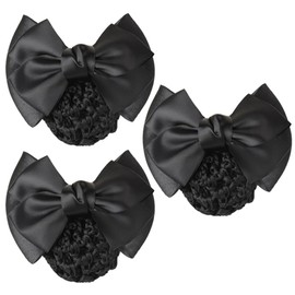 3Pcs Black Bowknot Snood Net Barrette Elastic Hair Clip Bun Cover Hairnet Lace Bow Decor Headdress Ribbon Barrette with Net for Women