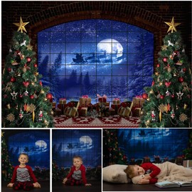 WaW 2.7 x 1.8 m Photography Background Christmas Vintage Window Winter Fantasy Night Snow Forest Photo Background for Photo Studios, Children's Shooting, Photo Box, Photo Wall