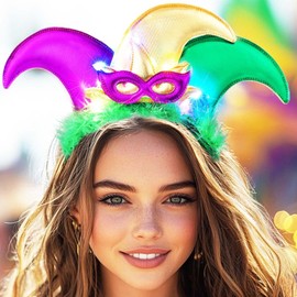GORTIN Mardi Gras Jester Hat Headband Light Up Carnival Headpiece Purple Green and Gold Costume Hair Accessories for Women