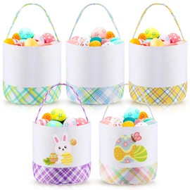 SilTriangle 5 Pieces Easter Bunny Bags Sublimation Blank DIY Baskets Heat Transfer Baskets Sublimation Bags for DIY, Decorating, Craft Gift(White,Plaid)