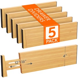 Lifewit 4" High 5 Pack Bamboo Drawer Dividers 31-40cm/12-16 Adjustable Wooden Drawer Organizer for Clothes/Utensils, Expandable Drawer Separator for Dresser/Kitchen/Bedroom/Office Organization