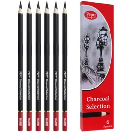 Pepy Professional Charcoal Pencil Set – Set of 6 Pre-Sharpened Hard Black Charcoal Pencils; Perfect for Drawing, Sketching, Blending and Shading