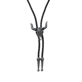 Bolo Tie Bull Skull Silver Necklace Pendant Bootlace Shoestring Necktie Cowboy Western Vintage Metal Cow