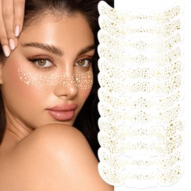 Glitter Freckles Face Tattoo, 12PCS Gold Glitter Fake Freckles, Sparkle Freckle Makeup Patches, Cute Freckle Face Sticker for Women, Waterproof & Long Lasting, Perfect for Festivals, Parties (Gold A)