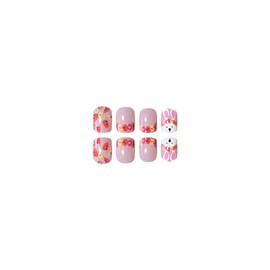 24Pcs Easter Press on Nails Shorts Square Fake Nails Cute Bunny & Carrot Designs False Nails Cute Press on Nails for Women and Girls Reusable Acrylic Nails Full Cover Stick on Nails Easter Nail Art
