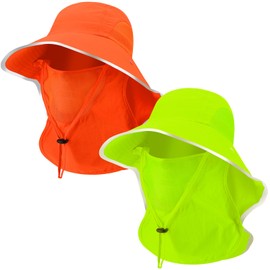 Cutecrop 2 Pcs Sun Protection Fishing Hats with Removable Face Cover Neck Flap Visibility Reflective Boonie Hat Bucket Cap(Yellow, Orange)
