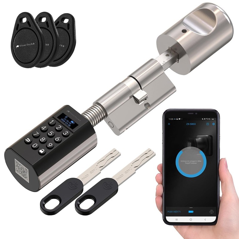 VisorTech Elektronischer Tür-Schließzylinder mit Display, Code, Transponder, App