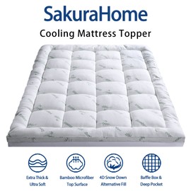 Mattress Topper Queen Size, Cooling Extra Thick Breathable Viscose Made from Bamboo Mattress pad, Soft Quilted Fitted Mattress Cover with 1000 GSM Down Alternative Fill (8-21”Deep Pocket)