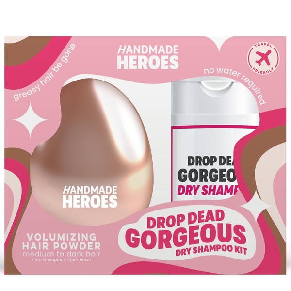 Handmade Heroes Non Aerosol Dry Shampoo Volume Powder | 100% Natural & Vegan | Volumizing Hair Powder For Dark Hair & Brunette Hair (Dry Shampoo and Brush Kit)