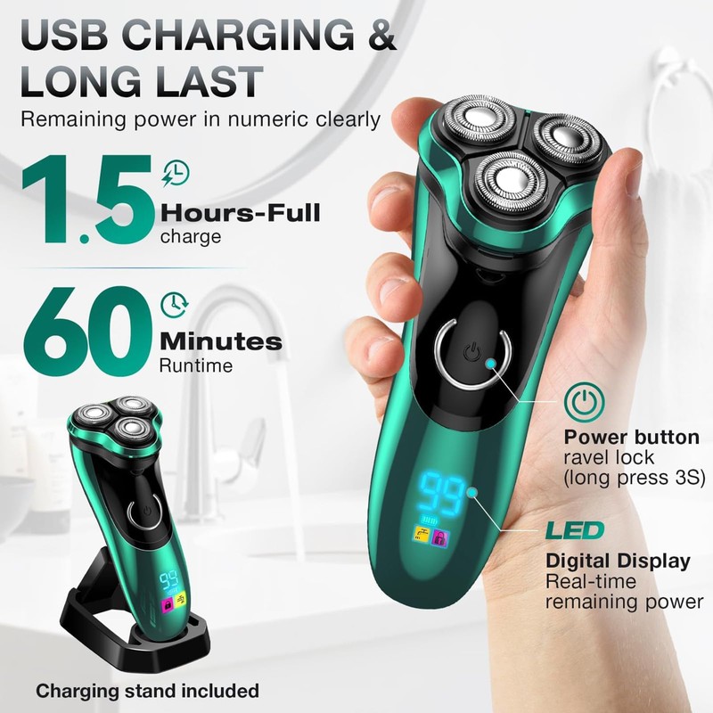 Electric Razor for Men, Rechargeable Shaver with Charging Stand, Cordless
