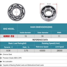 XiKe 2 x 6202 C3 ball bearings, 15 x 35 x 11 mm, open construction and chrome steel, suitable for DIY, car, motorcycle, ATV, transmission, engine, CNC, industry, agriculture and garden tools.