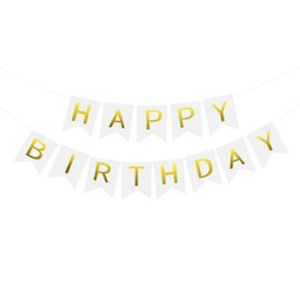 White Happy Birthday Banner, Birthday Bunting with Gold Letters for Party Decorations, Swallowtail Happy Birthday Banners for Gilrs Baby Shower Photo Backdrop Supplies A9SRLQ (White)