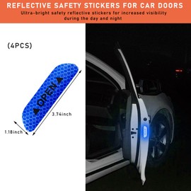 Ziciner 4 Pcs Car Door Open Reflective Stickers, Night Visibility Safety Warning Auto Anti-Collision Protective Strip, Universal Vehicle Decorative Decals Accessories for Most Cars (Blue)