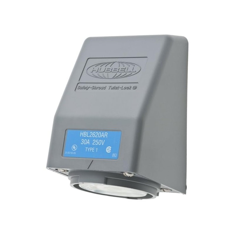 Hubbell HBL2620AR Locking Safety Shroud Receptacle, L6-30R, Angled Surface Mount,