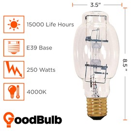 GoodBulb 250-Watt Metal Halide HID Light Bulb | E39 Base BT28 ANSI Code M58 | High Output HID Light | 4000K Cool White Light | Clear Finish | 15000 Life Hours | Pack of 2 Bulbs
