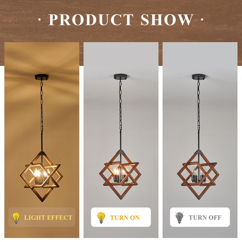 Poemoon 18" Farmhouse Wooden Chandelier 4-Light Geometric Pendant Lighting