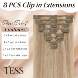 TESS Clip in Hair Extensions Real Human Hair Highlighted Remy Seamless 8 Pieces Straight Short for Women/Girls (#16P22 Light Blonde Highlighted Golden Blonde, 10 Inch 50g)
