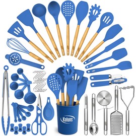 Kaluns 50 PCS Silicone Kitchen Utensils Set Complete Kitchen Set - 800°F Heat Resistant Non-Stick Premium Cooking Utensils W Wooden Handles - Can Opener, Masher, Turner, Silicone Spatula Set