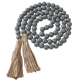 Wood Bead Garland 58 Inch Grey Wooden Beads for Boho Farmhouse Table Home Decor with Tassel, Wooden Prayer Bead, Rustic Country Boho Wall Hanging Decor for Kitchen Modern Living Room Tray Vase Shelf