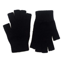 Mongolian Pure Wool Women Mens Half Fingers Mid Fingerless Gloves Mittens (Black)