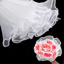 Wanmu 2 Pcs 4 Yards White Flower Wrapping Mesh, Translucen Pearl Edge Wrinkled Bouquet Floral Packaging Paper for Valentine's Day Mother's Day Florist Wedding Gift Packaging DIY Crafts Decorations