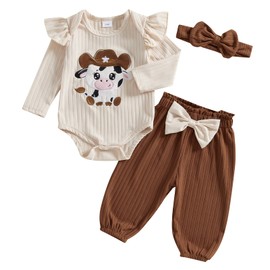 Doisbetthsay Baby Girl Clothes Newborn Girl Long Sleeves Romper Pants Headband Set Infant Outfits 3Pcs Spring Clothing (A Khaki, 0-3 Months)