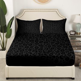 Leopard Print Kids Sheet Full Size,Abstract Cheetah Skin Texture Bedding Set,Girls Boys Women Room Decor,Rustic Farmhouse Retro Black Noble Bed Sheet Set 4pcs(Fitted + Flat + 2 Pillowcases)