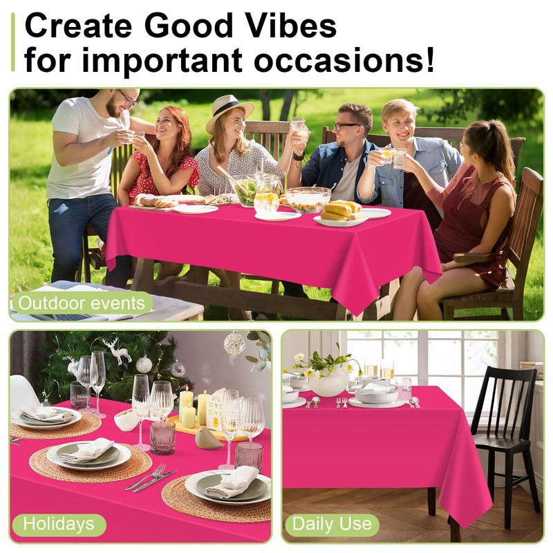 QIKSION Hot Pink Plastic Table Cloth Disposable 2 Pack, 54