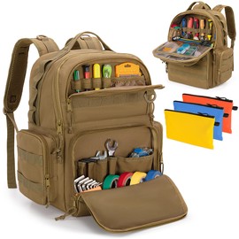 Rexmica Tool Bag Backpack for Men with 3 Tool Pouches, Heavy-Duty Tool Storage Organizer Bag with Padded Shoulder & Waist Support, Tactical Work Tool Bag for Electrician, Repairman, HVAC Techs, Khaki