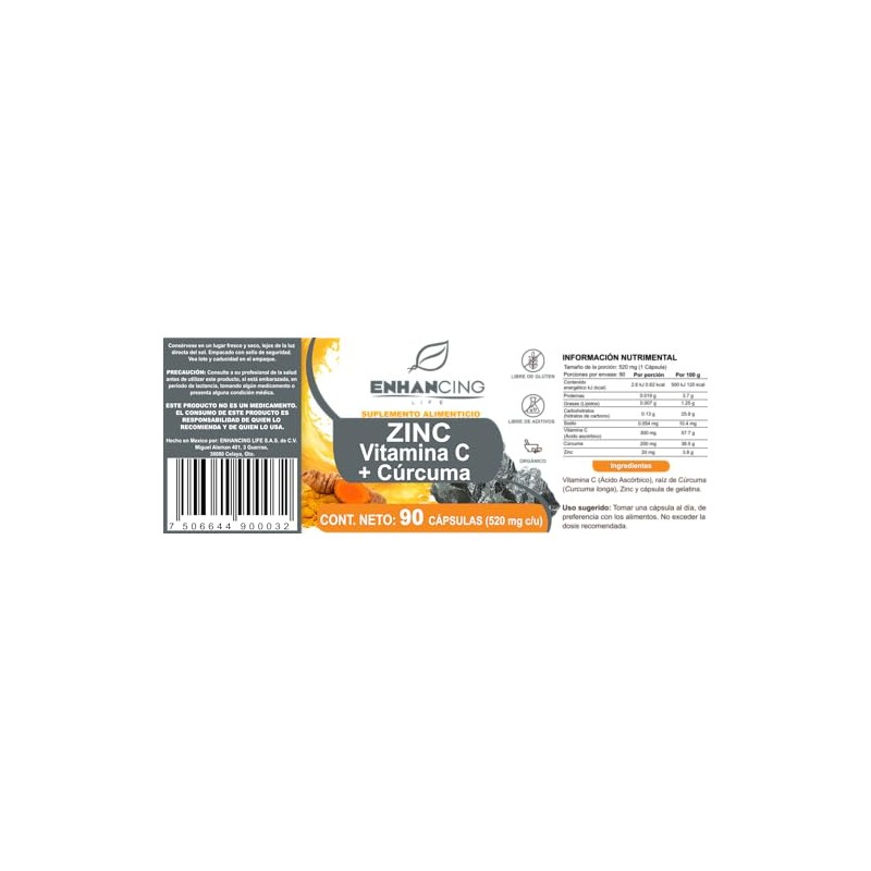 ZINC, Vitamina C y Cúrcuma Maxima Absorción Formula PREMIUM