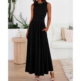BTFBM Summer Maxi Dresses for Women 2025 Sleeveless Casual Ruched High Waisted Tank Long Sundress Flowy Beach Dress(Black, X-Large)