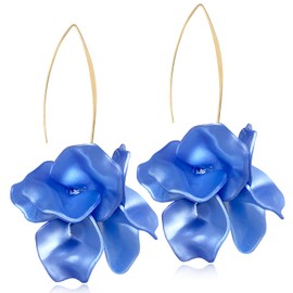 JIUIQL Handmade Bohemian Matt Acrylic Large Flower Dangle Drop Earrings Unique Exaggerated European Resin Tiered Rose Petal Flower Line Earrings for Women (Pearl Darkl Blue 22)